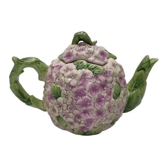 Vintage Lavender Purple Hydrangea Majolica Teapot - Picture 2 of 8